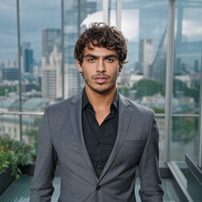 Male business AI influencer with curly brunette hair