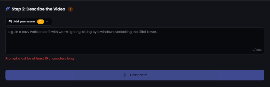 Step 2: Describe AI influencer video with text prompt