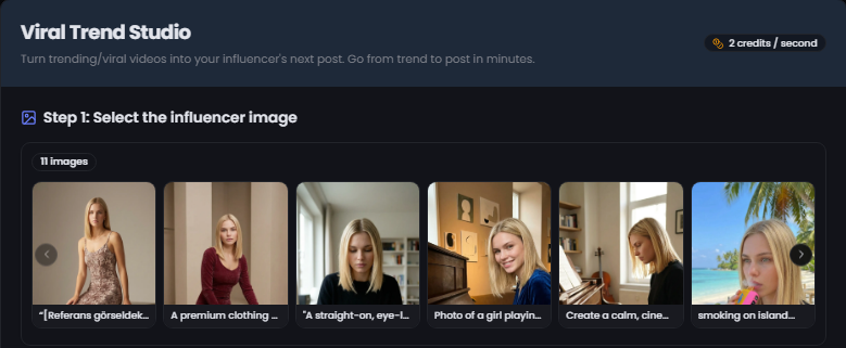 Step 1: Select AI influencer for viral trend video